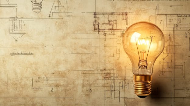 Glowing light bulb illuminates an architectural blueprint, symbolizing innovative ideas and creative solutions in design and construction, fostering inspiration and problem solving