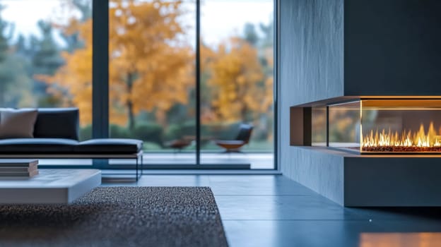 Sleek, modern fireplace is burning brightly in a luxurious living room, creating a warm and inviting atmosphere against the backdrop of a tranquil autumn scene viewed through large windows