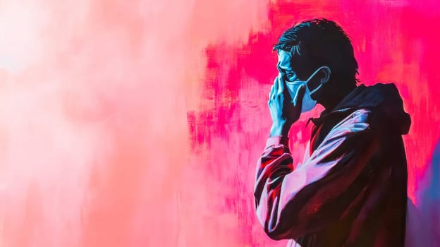 Painting of a young man wearing a protective face mask, coughing and covering his mouth with his hand, symbolizing illness, virus, and pandemic, against a vibrant pink backdrop