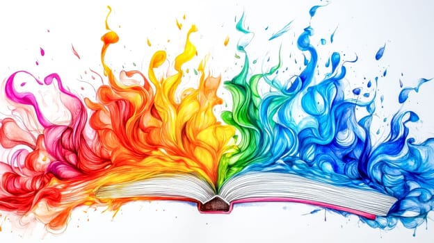 Open book with colorful splashes of ink exploding out of it, forming a vibrant spectrum of creativity and imagination on a white background