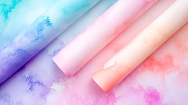 Rolls of colorful wrapping paper with gentle watercolor gradients create a vibrant and artistic display, perfect for creative gift wrapping and decorative projects