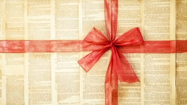 Wrapping paper crafted from vintage book pages, elegantly tied with a vibrant red ribbon, offers a unique and nostalgic touch for gift presentations and special occasions