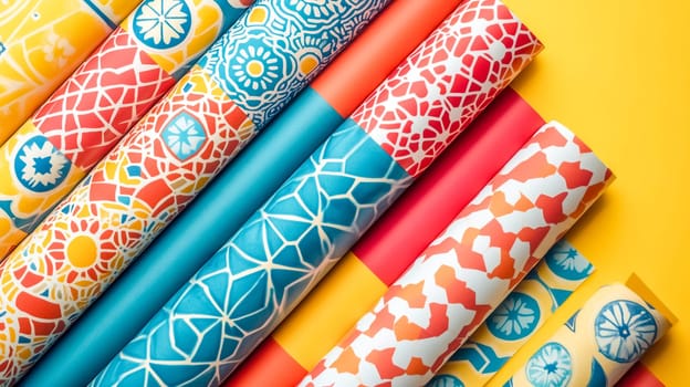 Colorful wrapping paper rolls featuring intricate geometric patterns arranged on a vibrant yellow background create a visually appealing display for gift wrapping and decoration