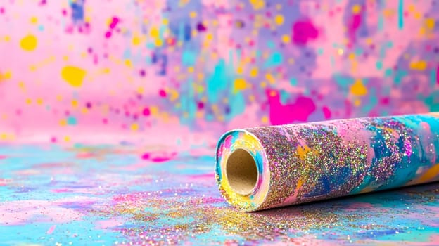 Glitter covered paint roller resting on a vibrant, abstract surface, creating a unique and textured wallpaper design. Colorful splashes of pink, blue, and gold enhance the artistic flair
