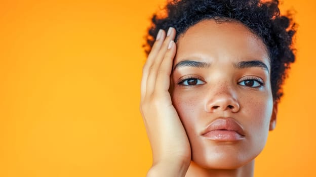 Close up portrait of a young woman with freckles and curly hair, gently touching her face with her hand, against a vibrant orange backdrop, conveying a sense of natural beauty and confidence