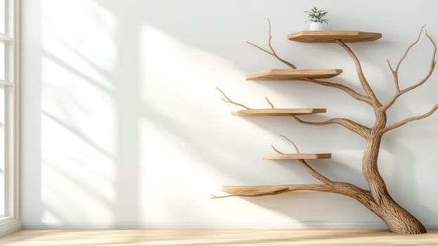 Sunlight illuminating empty wooden shelves shaped like tree branches, attached to a white wall in a modern minimalist interior with light wooden floor, creating a natural and warm atmosphere