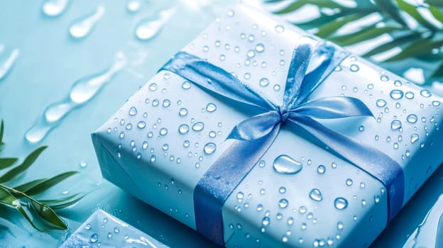 Elegant light blue gift box, adorned with a matching ribbon and delicate water droplets, rests on a blue backdrop with green leaves, creating a refreshing and serene atmosphere