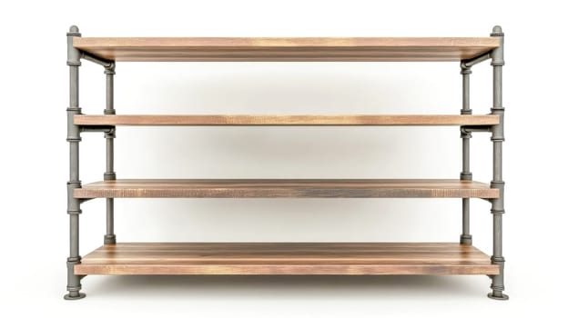 Modern industrial style bookshelf made of metal pipes and four wooden planks standing on white background, perfect for displaying books or decorative items in a stylish and contemporary setting