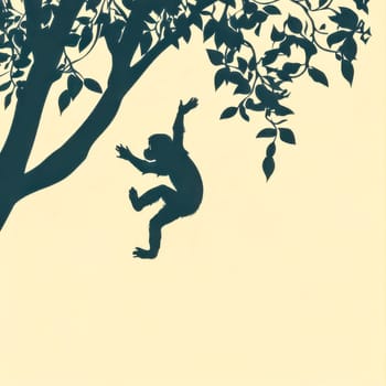 Silhouette of a playful monkey falling or jumping from a tree on a light yellow background, conveying a sense of fun and freedom in nature, perfect for children's books or nature themed projects