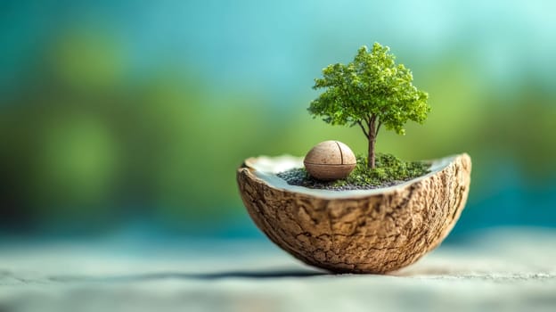 Miniature tree growing from a patch of soil inside a cracked nutshell with another seed nearby, symbolizing environmental conservation, sustainable growth, and the potential of small beginnings