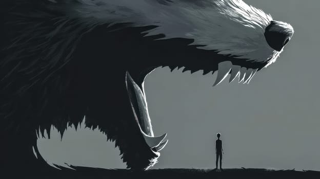 Digital painting depicts a courageous child standing before a giant wolf with its mouth wide open, showcasing themes of courage, vulnerability, and the power of facing fears