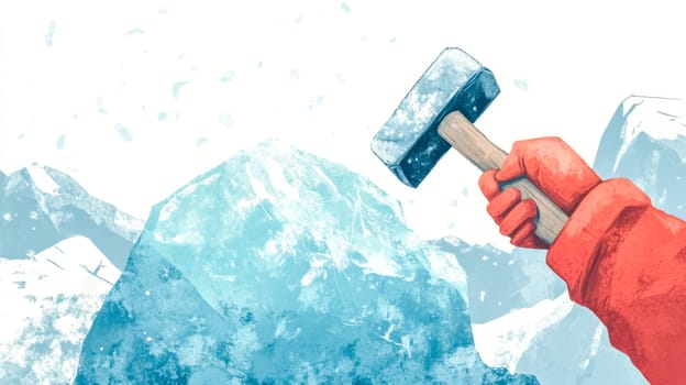 Gloved hand holding a hammer breaking a large ice block with ice shards flying, set against a snowy mountain landscape, created in a stylized illustrative technique