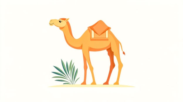 Stylized illustration of a dromedary camel with a saddle standing on sand near a tropical plant, presented in a minimalist and colorful design