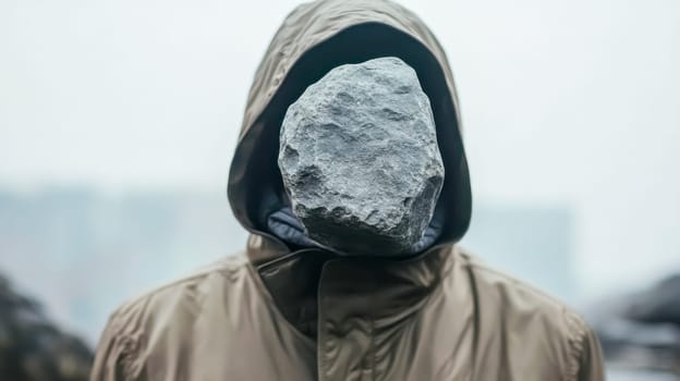 Person wearing a hooded coat hiding their face with a stone, symbolizing anonymity, privacy, and the protection of personal identity in a minimalist and conceptual style