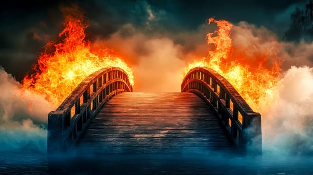 Large flames engulfing both sides of a wooden bridge over a misty body of water, creating a dramatic and surreal scene against a dark, cloudy sky