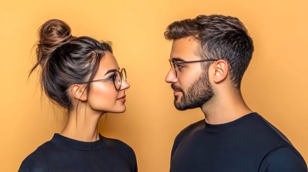 Studio shot of a young couple wearing matching black t shirts and stylish eyeglasses gazing intently at each other against a vibrant yellow backdrop, creating a sense of connection and intimacy