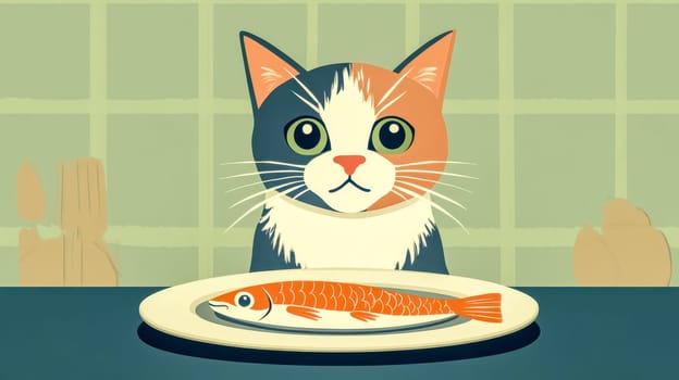 Calico cat sitting at a table, guarding a plate of fish with a serious expression, creating a whimsical and playful atmosphere in a simple, stylized illustration