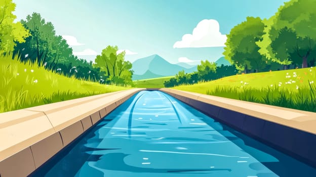 Water is flowing smoothly into an irrigation canal in a rural landscape, surrounded by green grass, trees, and mountains, creating a peaceful and idyllic scene, perfect for agriculture