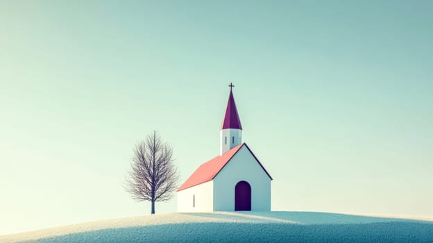 Small white church with a red roof sitting on a snowy hill at dawn, surrounded by a bare tree, creating a peaceful and serene winter landscape filled with tranquility
