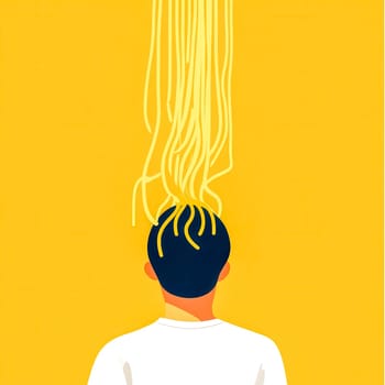 Minimalist illustration depicting a person with noodles on their head against a vibrant yellow background, representing unconventional thinking and creativity