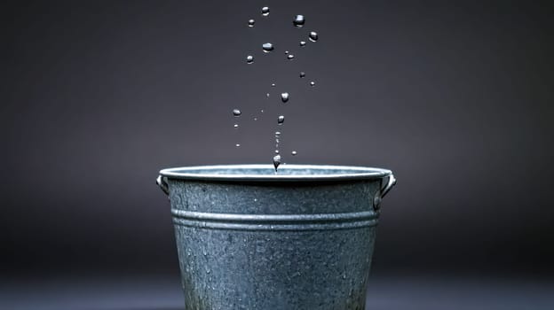 Drops of water are splashing into a metal bucket on a dark background, creating a mesmerizing display of fluid dynamics and evoking themes of scarcity, accumulation, and the preciousness of water
