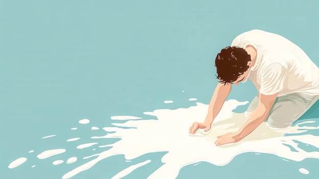 Man kneels on a table, crying over spilled milk, conveying feelings of regret, loss, and the irreversible nature of mistakes, against a minimalist light blue background