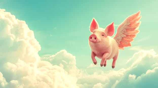 Cheerful pink pig with delicate wings enjoys a whimsical flight through a bright sky dotted with fluffy white clouds, creating a surreal and humorous scene