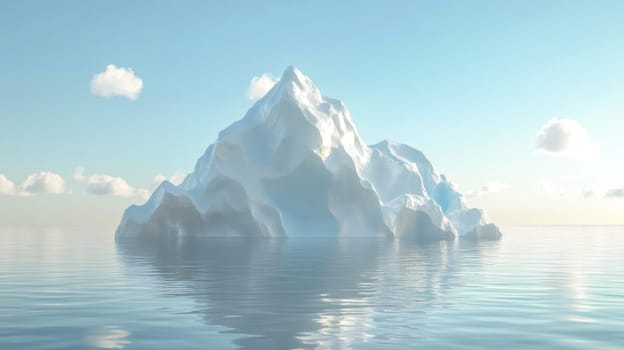Large iceberg floating in calm ocean water with small tip above surface under blue sky with few clouds, representing hidden danger, climate change and global warming