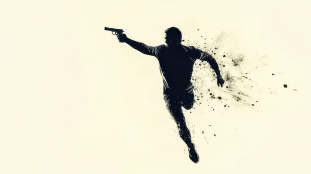 Silhouette of a running man firing a handgun while dissolving into particles, creating a striking action scene filled with intensity against a bright background