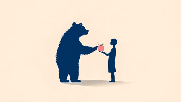 Minimalist illustration featuring silhouettes of a large bear carefully offering a small wrapped gift to a young child, symbolizing an unlikely friendship, trust, and generosity