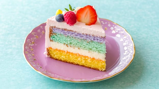 Displaying a vibrant slice of rainbow cake topped with fresh strawberries, raspberries, blueberries, and pink icing on a decorative plate
