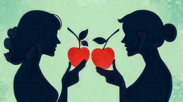 Two female silhouettes face each other, holding bright red apples, symbolizing ideas of temptation, knowledge, health, and decision making against a textured green background