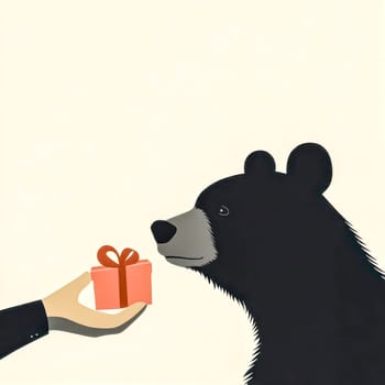 Minimalist illustration depicting a bear receiving a small wrapped gift from a businessman, symbolizing trust, connection, and unexpected interactions