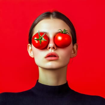 Young woman with a black turtleneck is posing with two red tomatoes covering her eyes, against a vibrant red background, creating a striking and surreal visual statement