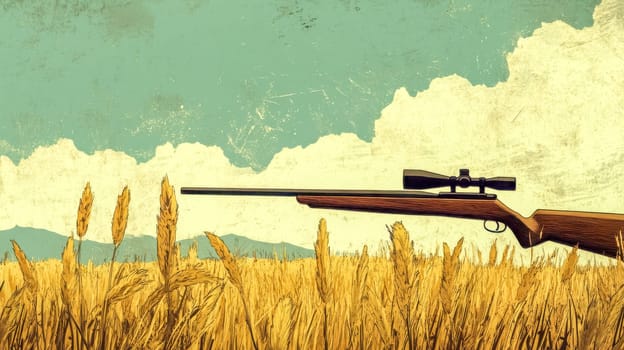 Hunting rifle with scope leaning on a golden rye field with mountains and cloudy sky in the background, creating a vintage hunting or sport shooting concept