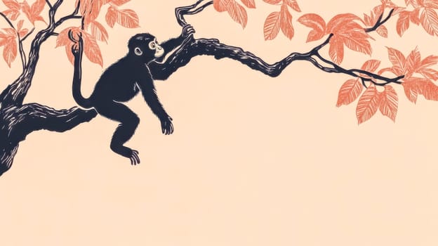 Playful monkey hangs from a tree branch, enjoying its surroundings in a simple and artistic illustration with a minimalist and vintage style, evoking a sense of nature and wildlife