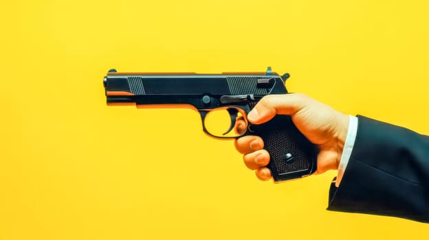Hand of a businessman in a suit holding a handgun against a vibrant yellow background, conveying concepts of power, threat, and criminal activity