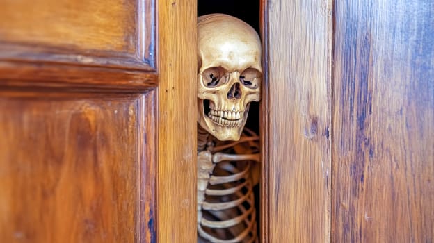 Plastic skeleton peeking out from behind an old wooden door, creating a spooky and mysterious atmosphere perfect for halloween or horror themed projects