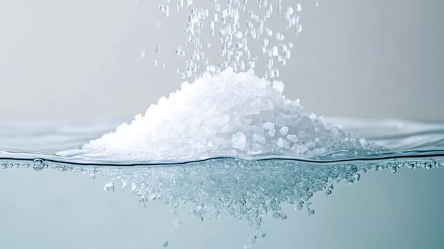 Coarse salt crystals dissolving in clean water create a visually captivating minimalist design, showcasing delicate bubbles and a smooth gradient background that enhances the scene