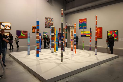 Venice, Italy - May 7 2024: 60th Art Biennale in Venice. Bambus anni 1960-70 by Ione Saldahna, acrylic on bamboo and The Nucleo Stroico, Abstraction in the Global South by 37 artists