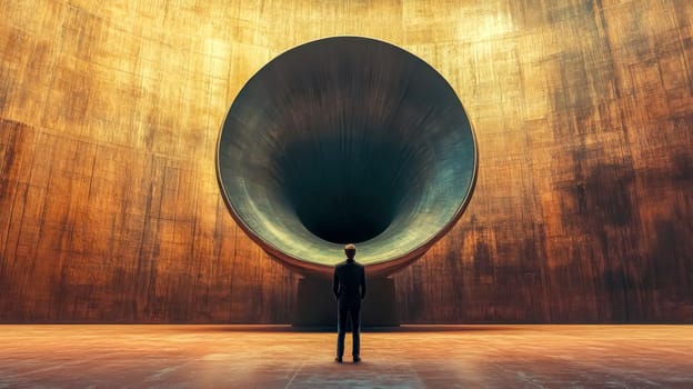 Businessman standing with his back to the viewer, contemplating a massive speaker like art installation in a modern gallery with textured, gold toned walls