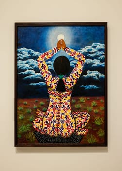 Venice, Italy - May 7 2024: Foreigners Everywhere 60th Venice Art Biennale in Venice. Saludo al Sol by Paula Nicho. Oil on canvas
