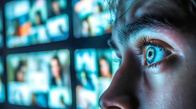 Close up of a young man's eye illuminated by the glow of multiple screens displaying social media content, highlighting the immersive and potentially overwhelming nature of online engagement