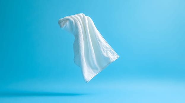 White towel is flying in the air against a light blue background, representing the concept of surrender or giving up, creating a minimalist and symbolic visual