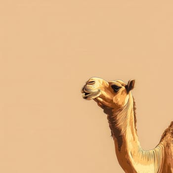 Dromedary camel chewing a tiny cumin seed, showcasing a minimalist aesthetic with a focus on the animal's expression and the subtle detail of the spice