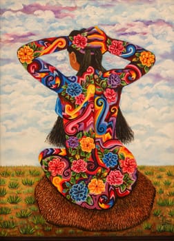 Venice, Italy - May 7 2024: Foreigners Everywhere 60th Venice Art Biennale in Venice. Mi segunda piel  chichicastenango by Paula Nicho. Oil on canvas