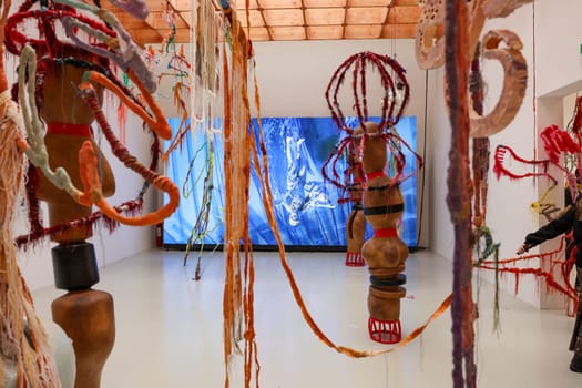 Venice, Italy - May 7 2024: Foreigners Everywhere 60th Venice Art Biennale in Venice. Visual and sound installation by Julien Creuzet inspired by Caribbean motifs in the French Pavilion at Giardini
