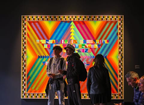 Venice, Italy - May 7 2024: Foreigners Everywhere 60th Venice Art Biennale in Venice. The space in wchich to place me by Jeffrey Gibson at USA Pavillon.