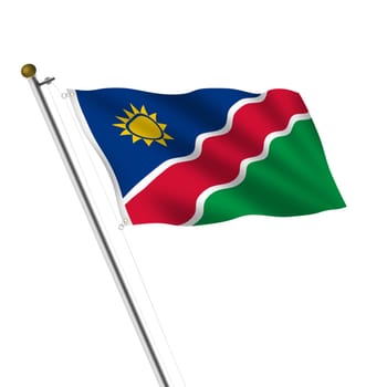 A Namibia flagpole 3d illustration on white with clipping path red green blue white yellow sun