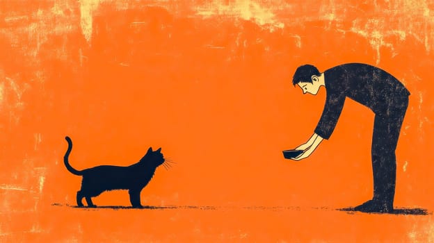 Businessman, bending down with a bowl of food, offers a meal to a stray black cat against a vibrant orange backdrop, symbolizing compassion and care for animals